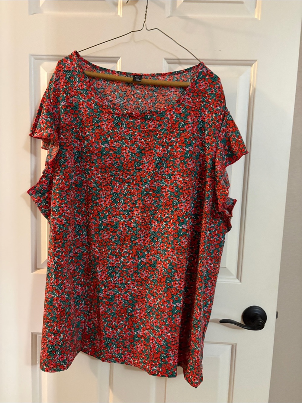 SHEIN Red Floral Cold-Shoulder Blouse with Green Accents